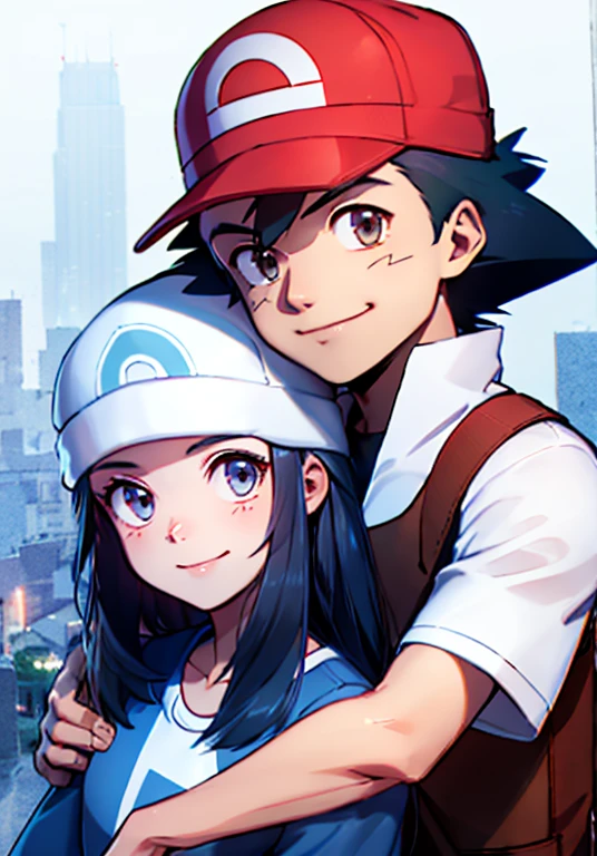 good quality,duo, girl (dawn, long blue hair,blue eyes,cap), man (ash Ketchum, black hair,Brown eyes), couple,smiling