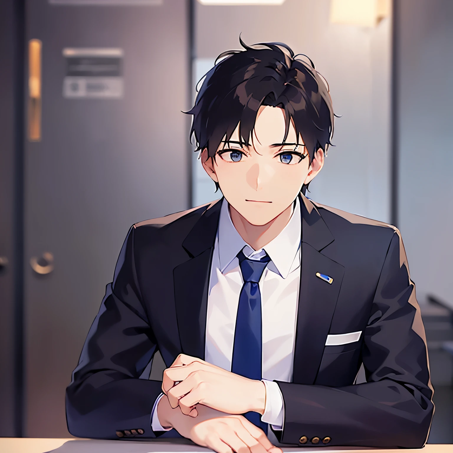 side angle, (looking away:1.5), upper body、masterpiece、Highest quality、(25-year-old male:1.5) and(Black short hair) and (blue eyes), (suit:1.5) and (Blue tie)、smile,, The background is the conference room、(Alone:1.5)、Upper body is shown