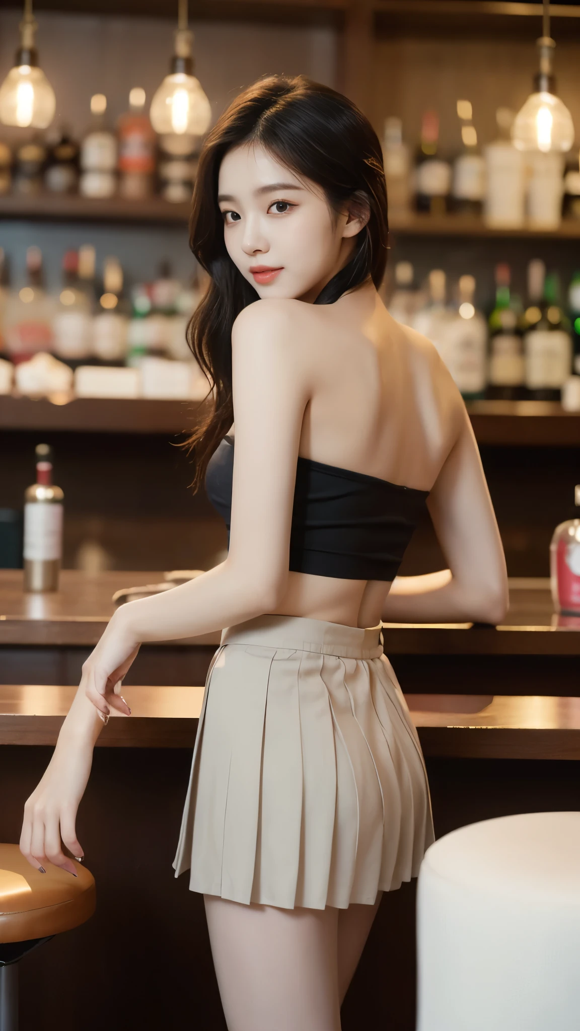 beautifully, masterpiece, beautiful details, fancy, fine details, delicate lips, intricate details, , 1 woman, (20-year-old Korean beauty: 1.1), (Korean pop idol, Korean Mixed Race), (50mm sigma f/1.4 ZEISS lenses, f1.4, 1/800s, ISO 100, photography:1.1), (get dark: 1.2), (lifelike:1.4 ), (pleated skirt,strapless tank top:1.3), (선bar, bar:1.2), (漂亮的leg, tall woman, thin, slim_leg, 大leg_gap, Model:1.2), lens flare, ~ ~ before, (happy expression: 1.1), dynamic pose, (cosmetics: 1.2), sitting on a bar stool,