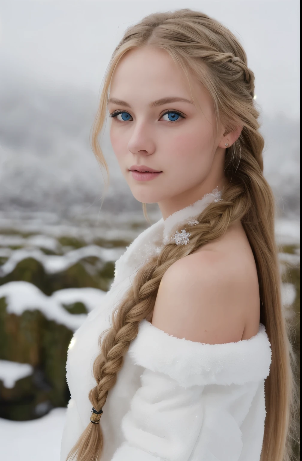 (realisitic:1.2), Analog photography style, Scandinavian warrior woman, fantastic snowy scenery, braided blonde hair, all-body, soft natural light, cute and sexy, pleasure, detailed face and blue eyes, otima 品質, work of art, northern detailed background, 品質: 16K, CRU photo