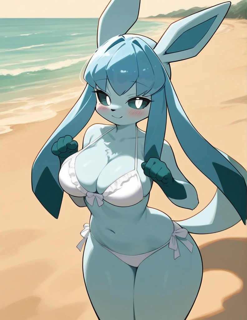 alone, score_9,score_8_up,score_7_up, an anthro furry female glaceon girl, black sclera, white eyes, wearing frilly white bikini, (full breasts), (wide hips), standing, beach background, cute pose, shy smile, blushing.