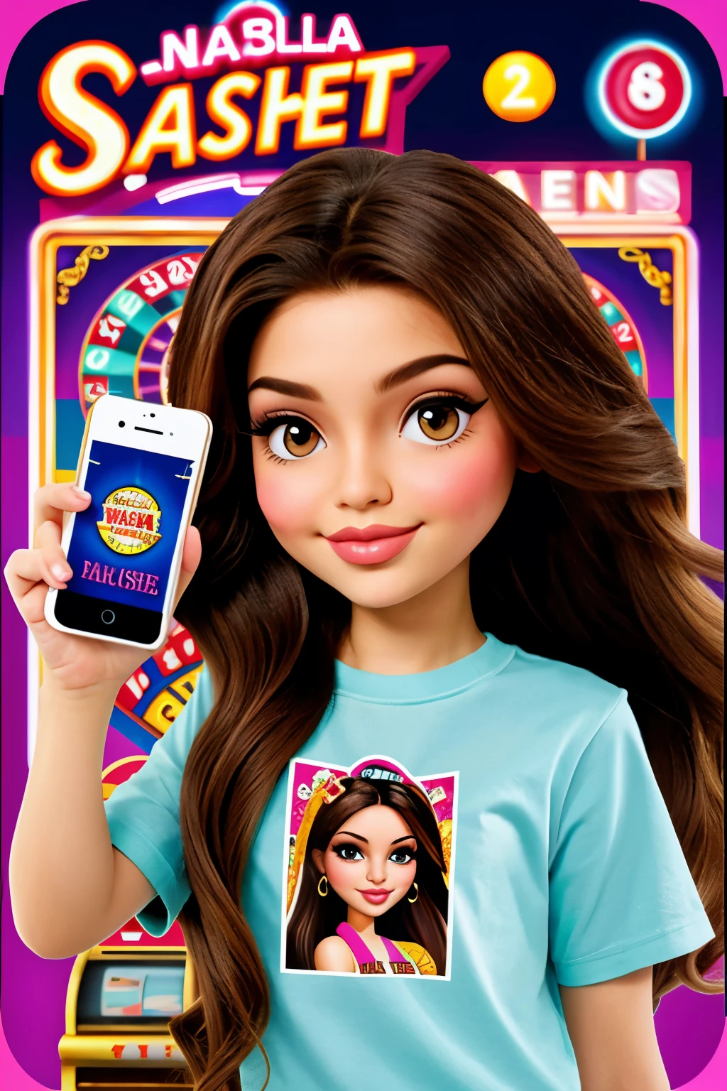 Bratz type poster with long hair with a cell phone in his hand that says Nadia cashier on his shirt and a casino background