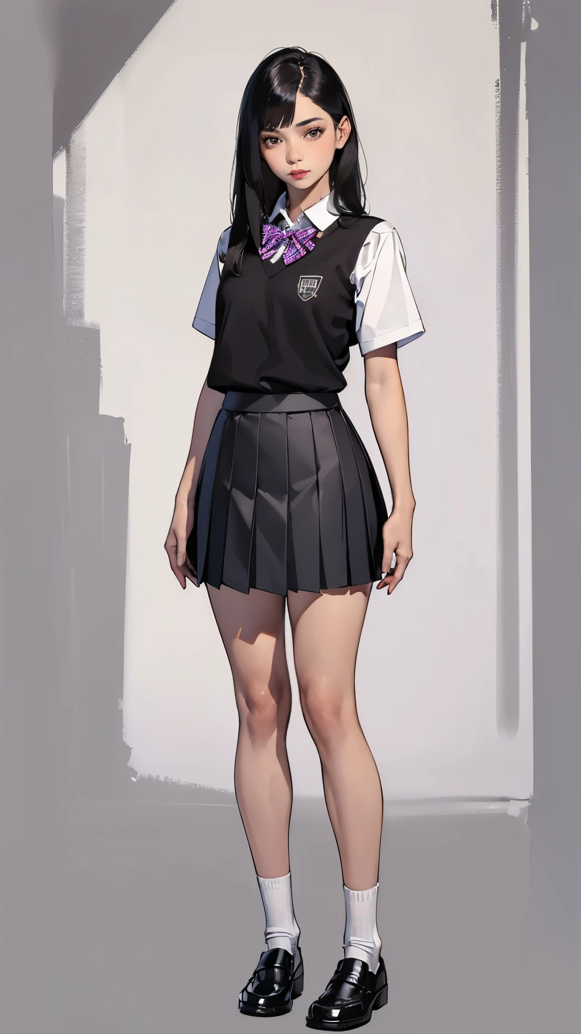 ((best quality,4k,highres,masterpiece:1.2)),((character concept art)), 1 female, teenage female, 15-year-old Asian beauty queen, ((black shoulder-length hair)), black hair, (fair skin colour), ultra finely detailed eyes (black eyes colour), innocent, beautiful, , slim body build, ((intricate detail)), super finely detailed hands, ultra finely detailed fingers(((ten fingers))), wearing white short sleeves school shirt with bowtie, gray school skirt, knee-length school socks, and black school loafers, (standing casually), (full body showcase), (show full body), (no logos on background), (no logo), ((plain background)), ((plain background)), (((empty background)))