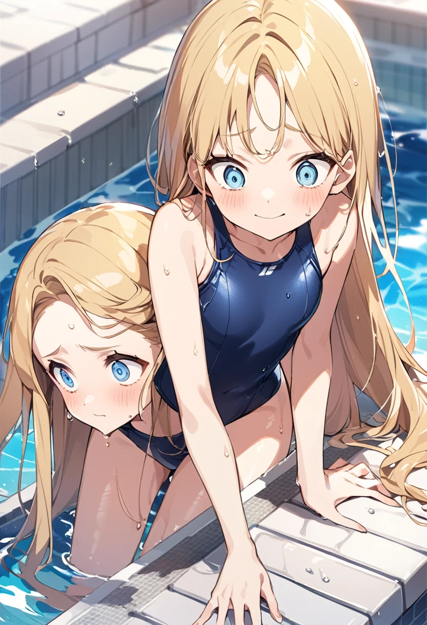 、Poolside、Blonde Hair、Long Straight Hair、The trendy navy blue school swimsuit、American、18-year-old、Wet with water、Blue Eyes、A shy smile、Are thin、super style、Stern-eyed face