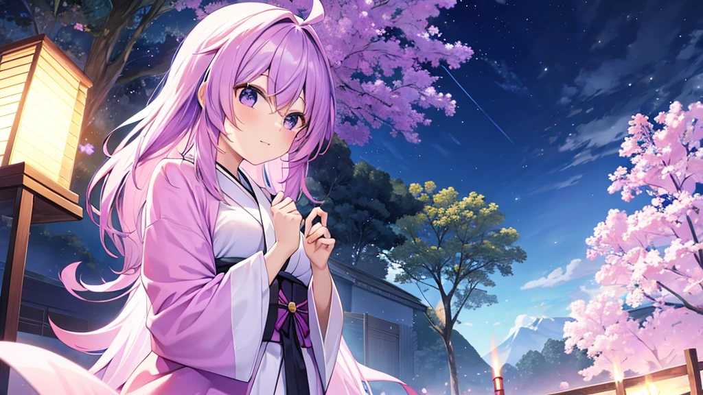 woman clear Light purple hair kimono Anime Style Bonfire