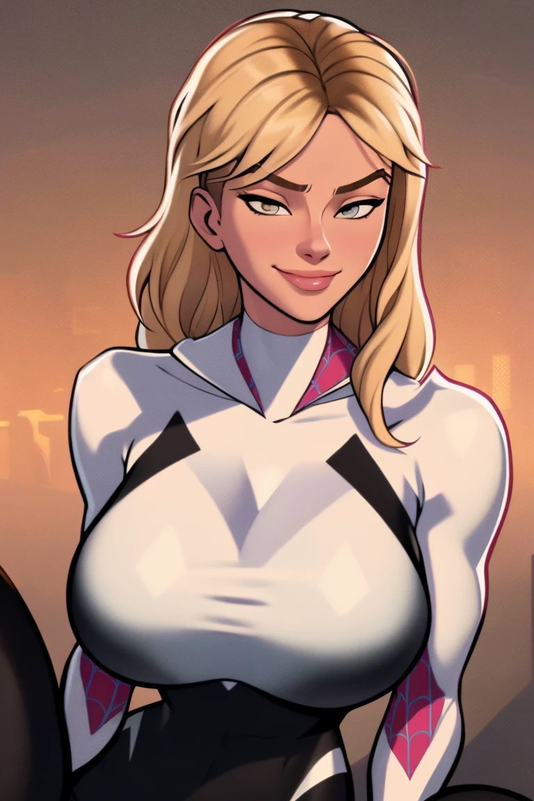 
spiderwoman , long hair, looking at viewer, adult, blond hair hair, yellow eyes, smile, , bangs, breasts, simple background, fang, bare shoulders, scar, bare shoulders, closed mouth, hair over one eye, portrait, hair over shoulder, legs, seductive, spidergwen full costume, highly detailed face, detailed eyes, best quality, masterpiece, ultra detail, ultra high res, extreme detail, 8k, uhd, voluptuous, curvy, thick thighs, frontal, full body, city,  Gwen spider, Gwen in a black outfit with spider in the center of her chest in white, organic-looking clothing, testa gooey, symbiote, eye white, fine arts, PS5 cinematic screenshot, Highly detailed cinematic rendering, ultra photorealistic raytricing, with cinematic lighting, squating pose