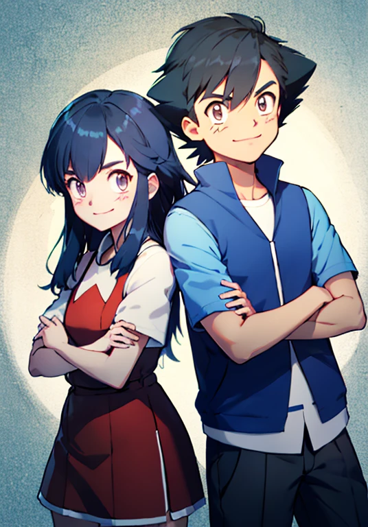 good quality,duo, 1 girl (dawn, long blue hair,blue eyes,cap) 1 man (ash Ketchum, black hair,Brown eyes), couple,smiling