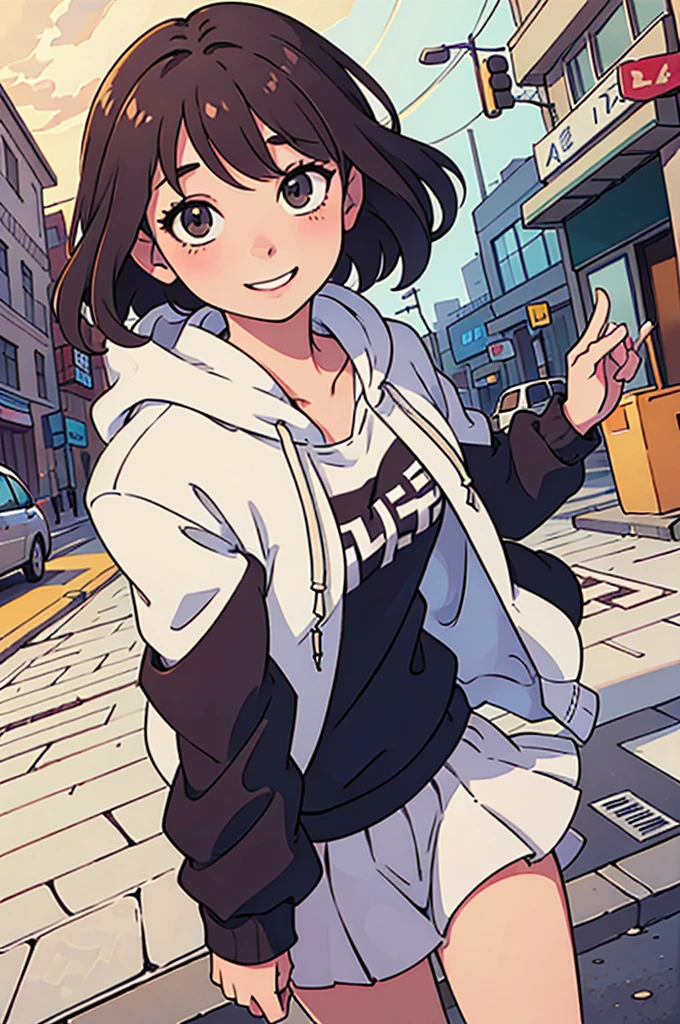 (best quality:0.8) perfect anime illustration, a pretty, happy woman with short curly brown hair on the street in the city, wearing a hoodie, skirt