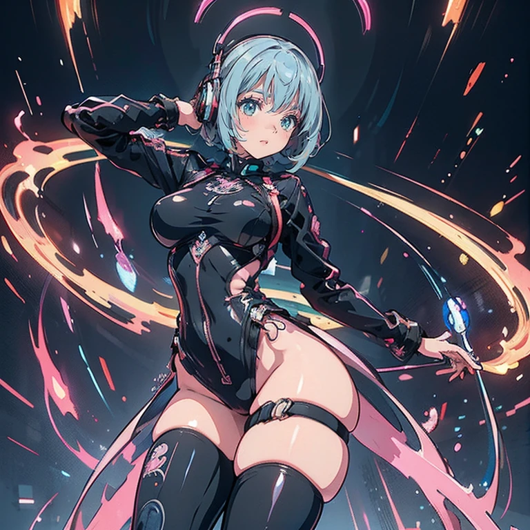 Anime Kawaii sexy Perfect Slim sensual body large breast and huge thighs, An intricate and highly detailed illustration of anime (Young girl). personagem de anime, futurista, ciberpunk, holding a microphone in the right hand Walking while singing Headphones with futurista neon lights, bodysuit látex preto, cabelo preto comprido, elementos da cibernet, Mulher guerreira, mais alta qualidade, Brilho do macacão, Bela expressão, aquarela, Detalhes vívidos no body,
