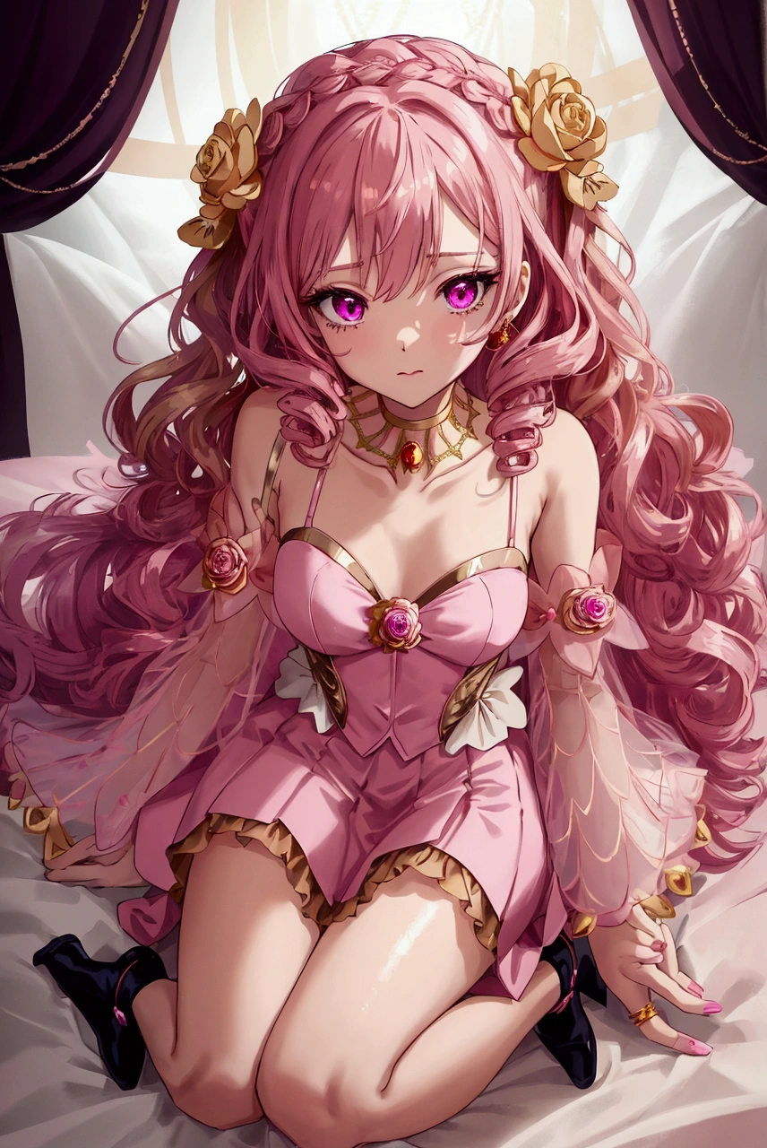 Create an anime-style girl with (((deep magenta eyes and long, wavy pink hair))) ((styled in an elegant frenchbraid)). (((She is slender, and  with small breasts))). ((Ensure a full-body shot of her)) wearing a (((magical girl-themed outfit.))) ((The outfit features a fitted bodice with a sweetheart neckline, gold embroidery, and pastel pink accents. The bodice has delicate rose gold spider web patterns. She wears a multi-layered knee-length skirt with a high-low hemline, the outermost layer sheer with gold and rose gold spider web patterns. She has off-the-shoulder puff sleeves, arm-length pastel pink gloves with gold trim, and a gold choker with a red gemstone. The outfit includes a short, detachable sheer cape with rose gold spider web patterns and is fastened with gold brooches. She wears pastel pink ankle boots with gold heels and rose gold laces. Accessories include a gold tiara with a red gemstone and gold spider-shaped hairpins.)) The overall look is regal and ethereal, with magical glowing effects. cutesexy, purinpuon pixiv, no future, a hyperrealistic , hyperrealistic , realistic , seductive (anime girl), smooth anime cg art, beautiful alluring anime teen, (purinpuon pixiv), ((magical girl)), (masterpiece), best quality, expressive eyes, perfect face ((Highest quality))、((4K))、((Full Body Shot: 1.5))、ultra detailed, masterpiece, best quality, solo ((purinpuon pixiv, no future)) (((purinpuon pixiv, no future)))