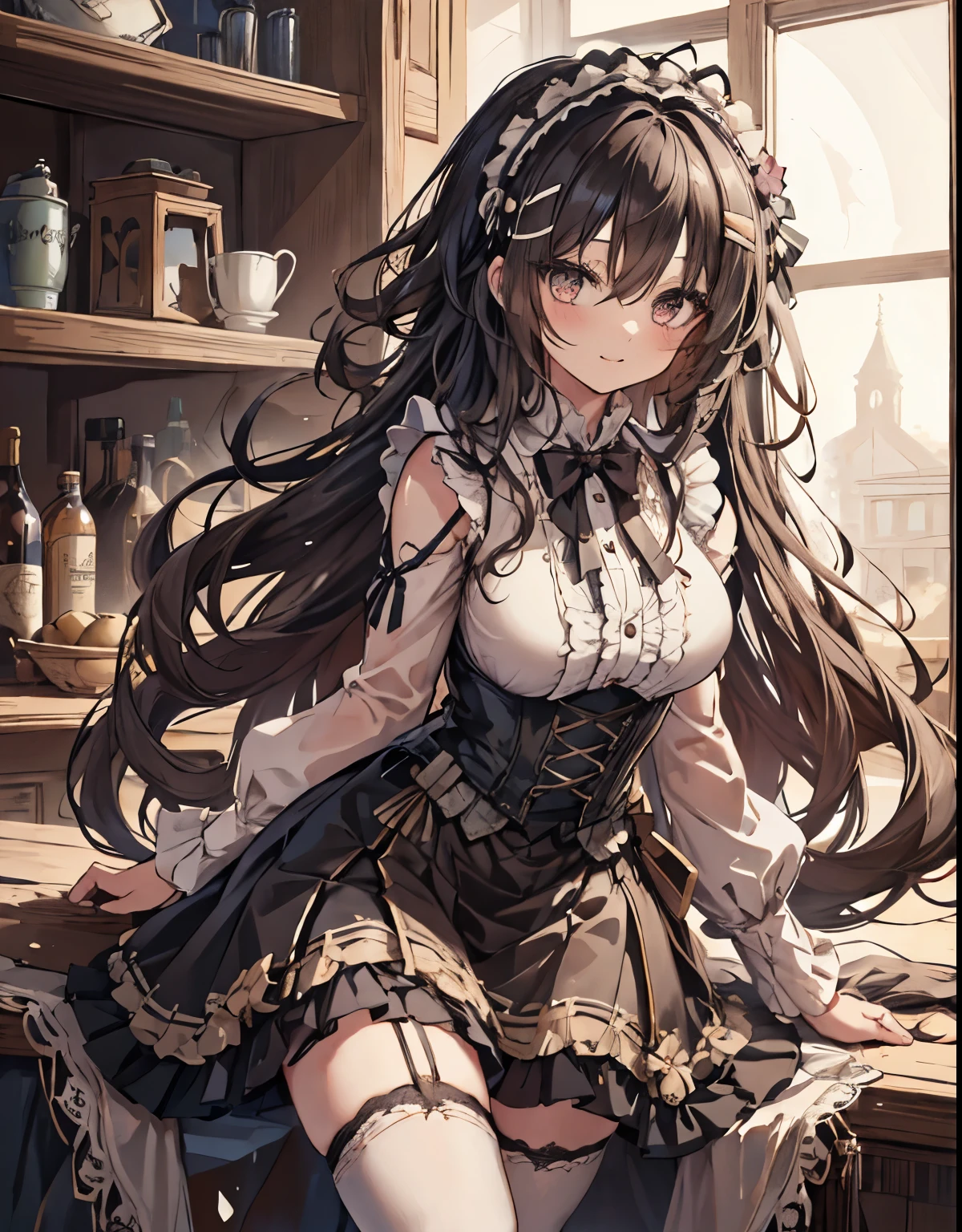 masterpiece, 1girl, sparrow, a black haired girl, wearing a victorian dress, curly long hair, messy hair, slim body, he close her left eye, shirt ornament, ruby eyes, ahoge, baby face, big breast, beautiful breasts, rounded breasts, long sleeves, beautiful eyes, white stocking, droopy eyes, her age is 19 years old, ricefield, bowtie, azusa_bluearchive, lovely face, medium hair, lovely smile, curly hair, gothic ****ta, skirt, pleated skirt, maid headband