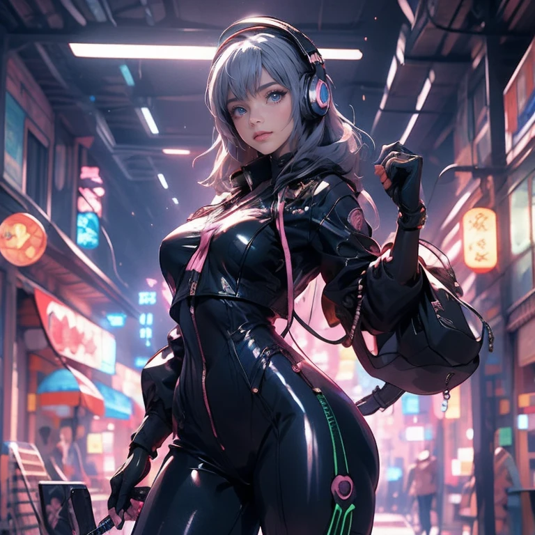 Anime Kawaii sexy Perfect Slim sensual body large breast and huge thighs, An intricate and highly detailed illustration of anime (Young girl). personagem de anime, futurista, ciberpunk, holding a microphone in the right hand Walking while singing Headphones with futurista neon lights, bodysuit látex preto, cabelo preto comprido, elementos da cibernet, Mulher guerreira, mais alta qualidade, Brilho do macacão, Bela expressão, aquarela, Detalhes vívidos no body,