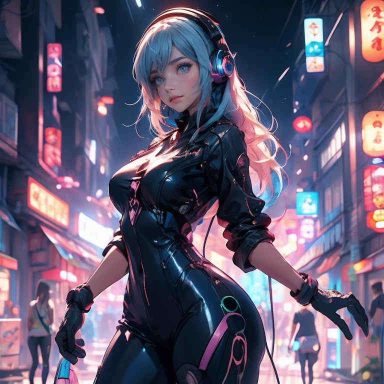 Anime Kawaii sexy Perfect Slim sensual body large breast and huge thighs, An intricate and highly detailed illustration of anime (Young girl). personagem de anime, futurista, ciberpunk, holding a microphone in the right hand Walking while singing Headphones with futurista neon lights, bodysuit látex preto, cabelo preto comprido, elementos da cibernet, Mulher guerreira, mais alta qualidade, Brilho do macacão, Bela expressão, aquarela, Detalhes vívidos no body,