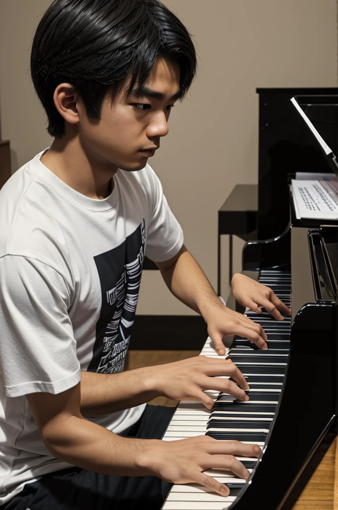 Kunyari create a 3d boy play a piano with tshirt name "toyo" with realistic cyberfunk letter