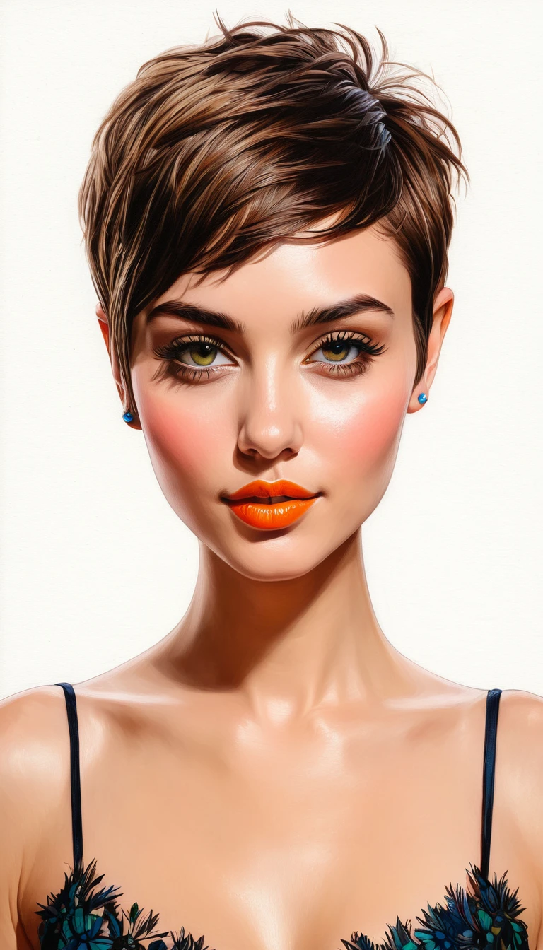 create a woman short hair pixie , flores, Masterpiece, estilo illustration de Ali Erturk, high detail, hyperrealistic, natural light,illustration , Bright colors