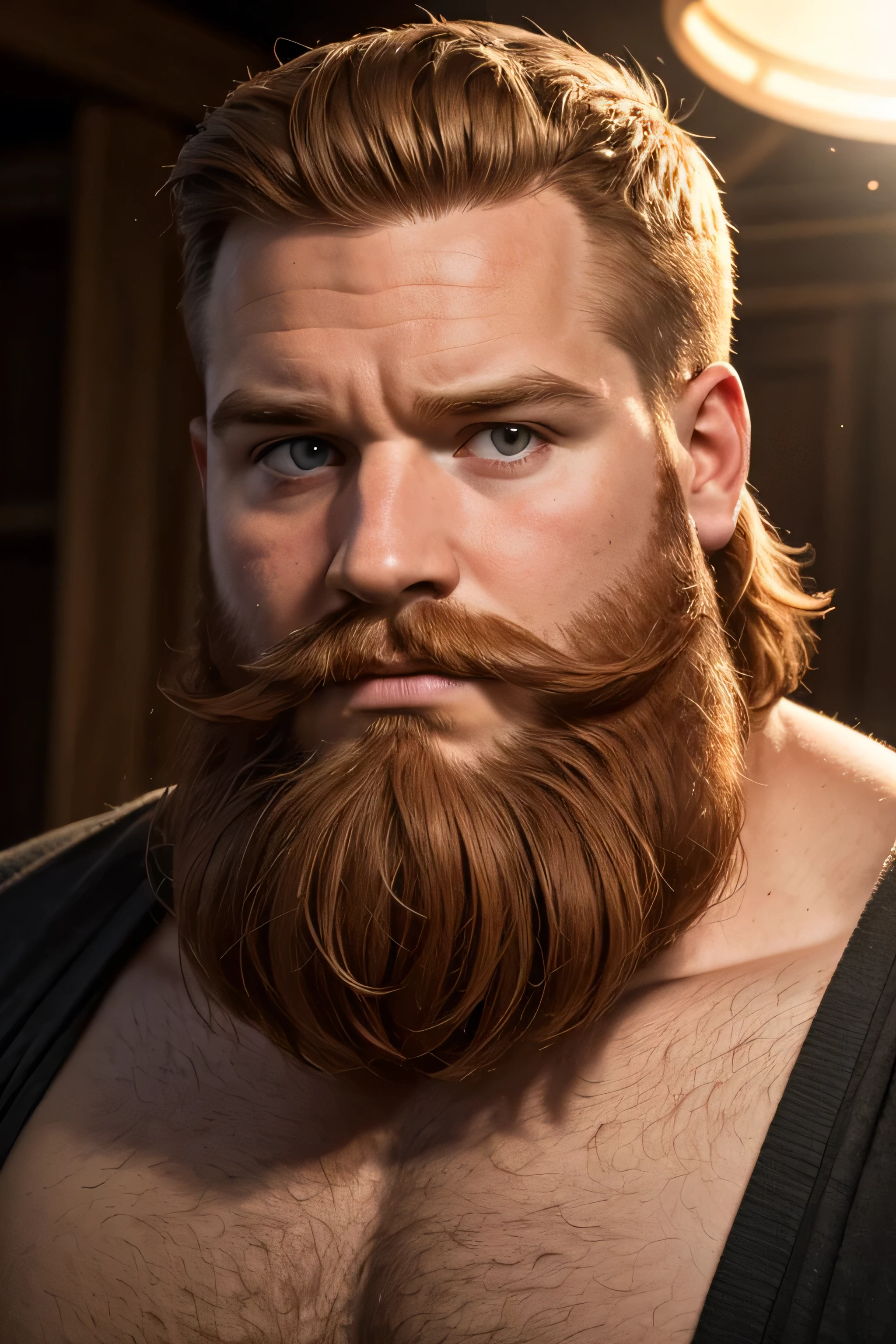 (8K, high definition, high quality, highly detailed) Chubby-faced handsome gingerhead. headshot. not looking at the camera. dramatic lighting. full beard. thick mustache. 