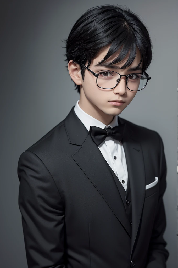 boy named victor, with medium black hair parted in the middle, square glasses, short beard and black dress shirt