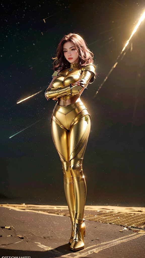 ((best quality)), ((masterpiece)), (ultra detailed lights), ((full body:1.3)), ((skinny body)), 1girl, extremely beautiful, ((slim body)), thighs gap, ultra face details, 20 years old, ((pink curvy-hair)), ((hair blown by strong winds :1.3)), Award-winning photograph, ((symmetrical pose)), ((full body golden armor)), posing in the middle, intricate details, ((thight golden armour)), ((extremely details armor)), ((tight latex pants)), ((full thighs golden armor)), ((24k-gold armor)), ((edge luminous armor)), cameltoe, luminescent, epic lights reflections, at beach, full of stars, orange clouds, nebula sky, aurora borealis, shooting stars, ((from below))