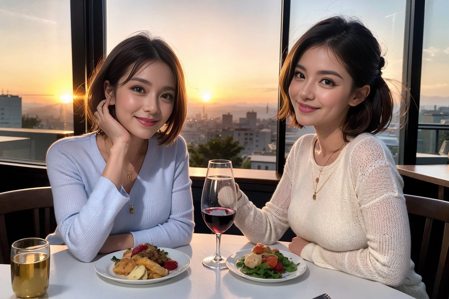 (Realistic:1.2),(masterpiece,Highest quality),8k,((men and women)),Age 35,37 years old、最高のsmile、Happy Couple, Full course dinner at the table、Wine Party、wine glass、White wine、sparkling wine、red wine、Upper Body、Tight waist,Perfect Anatomy, Brown Hair, short hair,Random Hairstyles,Amazing view of the sunset sky and clouds、Long sleeve shirt、dress,((Highly detailed face and eyes:1.2))(Cute Face:1.4),Beautiful actress face,Perfect golden ratio face,woman'suit、Nice,(smile:1.2)、