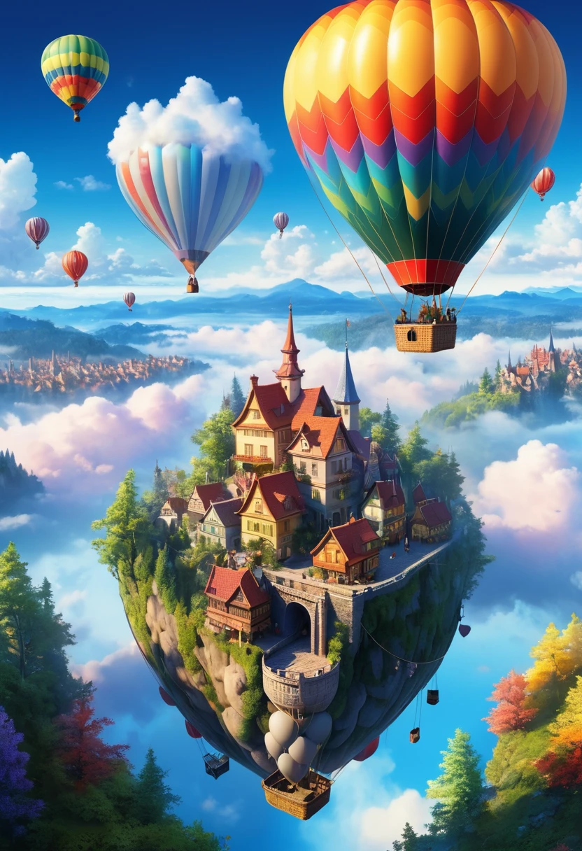 Imagine that,A fairytale forest town hovers above the clouds,Reflects the color of the sky。The city may have bridges and sidewalks that connect different buildings,(There is a huge, spectacular and incomparably showy hot air balloon and other floating objects floating in the sky: 1.5)。The painting can have a dreamy and serene atmosphere,Soft clouds and vibrant RGB color palettes, (Ghibli-style colors, Cinematic lighting, first person point of view, viewing angle, in a panoramic view, Ultra grand angle, hyper HD, anatomically correct, head of'artwork, accurate, Reward, Best quality)