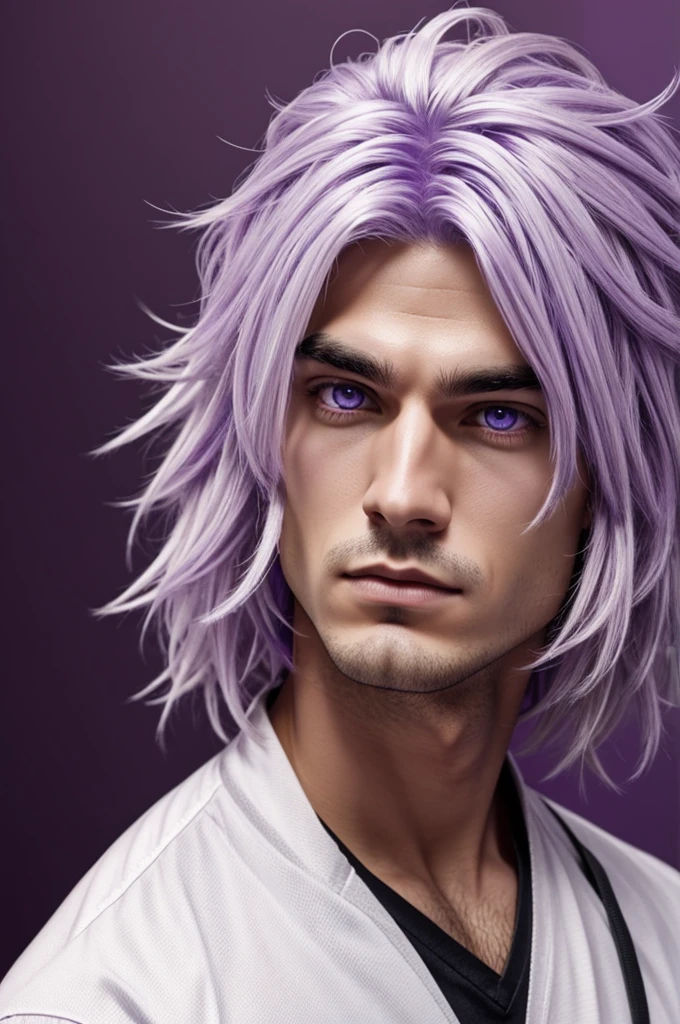 Male character with expressive purple eyes, messy and voluminous white hair
