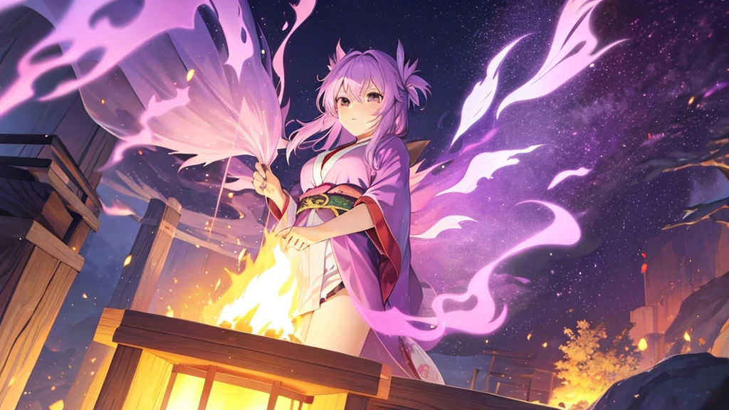 woman clear Light purple hair kimono Anime Style Bonfire