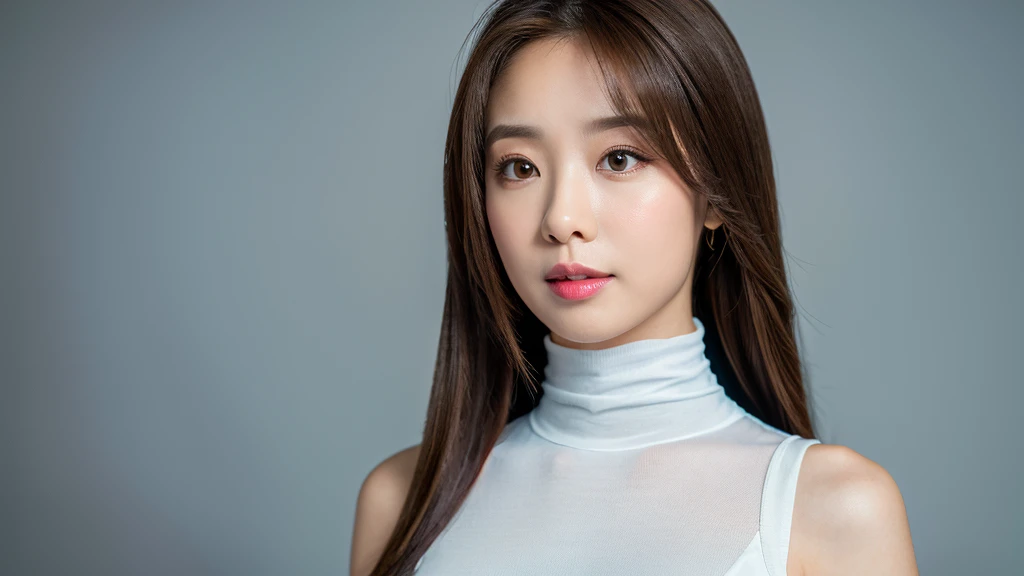 (Detailed face),vivid,chest,cute,Sleeveless and(turtleneck)White silky clothes,4K,Ultra-high resolution,（Photorealistic：1.7）,Gray background,Long Hair,