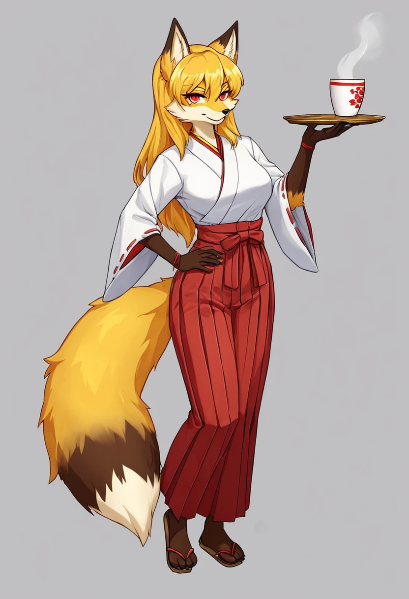 (full body,A Cup,The left hand is on the hip,The right hand is hidden by the hem),Fox woman, Furry, Golden fur, Golden facial fur, long golden hair, The hair on his hands is golden, Golden yellow hair on the back of the hand, Light-filled eyes, Red eyes, Brown elements of fur,Hakama,Very fine fur, Fluffy tail,A Cup