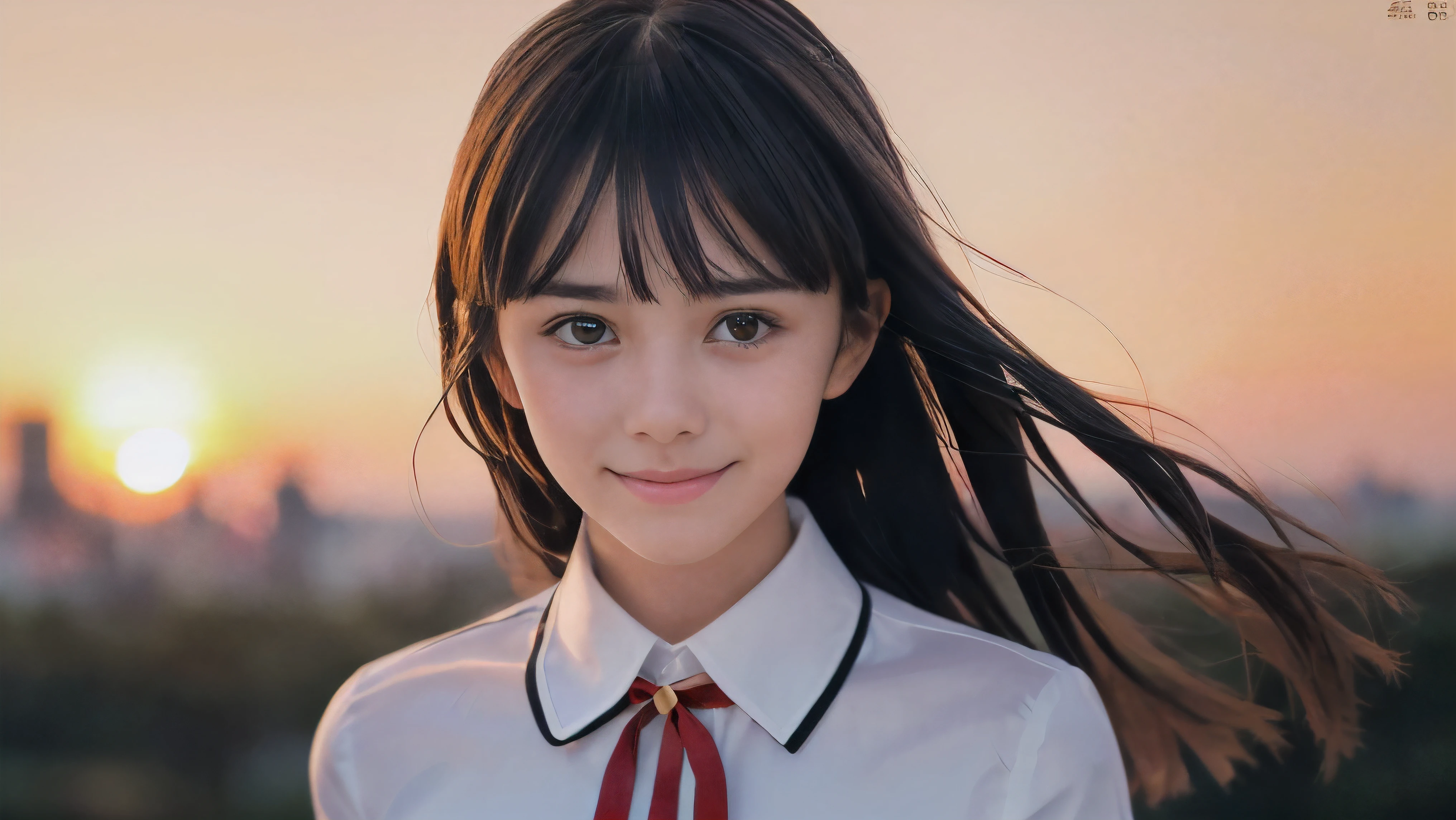 (Close up face shot of one slender small breasts two side up black medium hair bangs girl with crying little smile face in long sleeves black school uniform:1.5)、(One girl is facing at sunset red sky with her face is reflected sunset light and her hair is blowing in long sleeves black school uniform:1.5)、(Beautiful red sunset sky at skyscraper city landscape:1.5)、(8k ultra detailed master piece:1.5)、(perfect anatomy:1.5)、(Photorealistic stick:1.5)、(Raw photo:1.3)、(highest quality:1.5)、(High resolution:1.3)、(Delicate and beautiful perfect face:1.3)、(Delicate and beautiful eye air skin:1.3)、(Real Human Skin:1.3)、((thin legs))