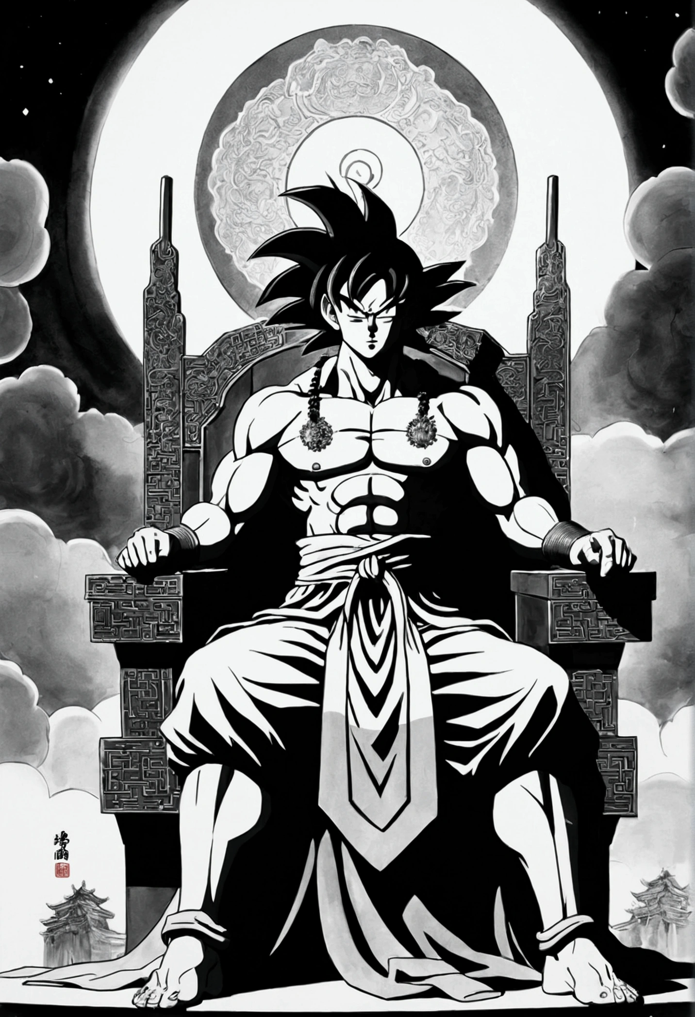 (masterpiece, best quality: 1.2), traditional Chinese ink painting , goku with long hair , wearing god of destruction clothes , sitting on throne 