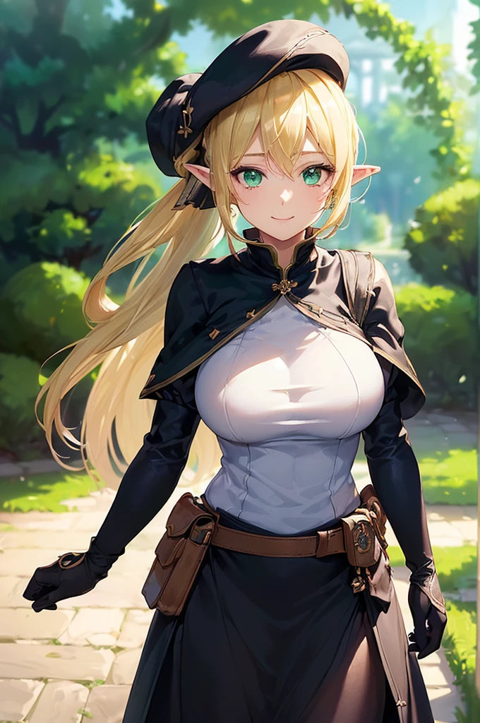 (((masterpiece; best quality: 1.2))), (finely detailed eyes: 1.3), (25 year old elf woman), (solo), (green eyes: 1.4), (body; big breasts, fit, femenine: 1.3), (silky blonde hair in low ponytail: 1.3), (beautiful and clear background: 1.2), ((depth of field)), (equipment: adventurer garb + modest + elegant wide-brim hat + dark blouse + dark cape + black long skirt + gloves + belt + pouches: 1.3), (anime illustration: 1.2), (background composition; royal garden: 1.1), (extremely fine and beautiful: 1.1), (shot composition; standing + centered on torso + close-up: 1.5), (expression; calm, smile: 1.2)