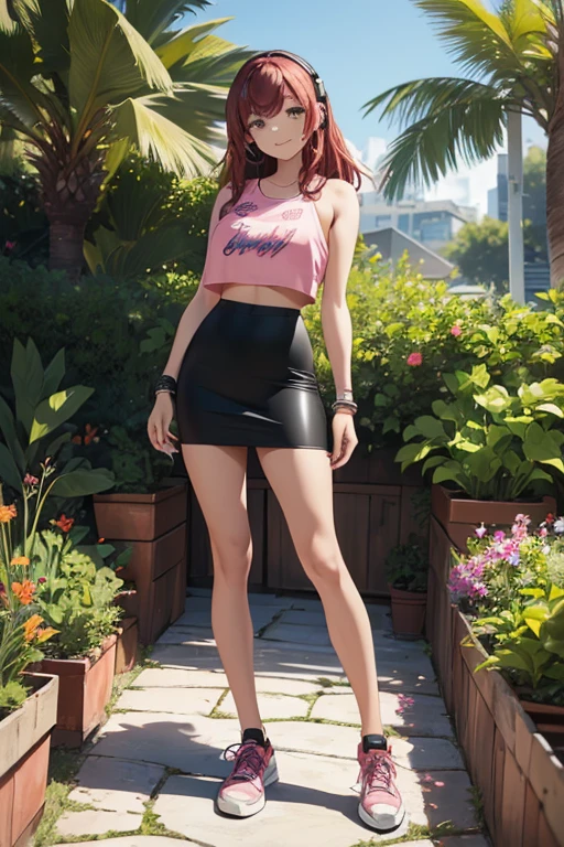 ((masterpiece, best quality, ultra-detailed)), 1girl, smile, beautiful woman wearing pink crop top and black pencil skirt, bracelet, sneakers, wearing black headphones, full body, dark red hair, messy hair, hand on hip, summer garden