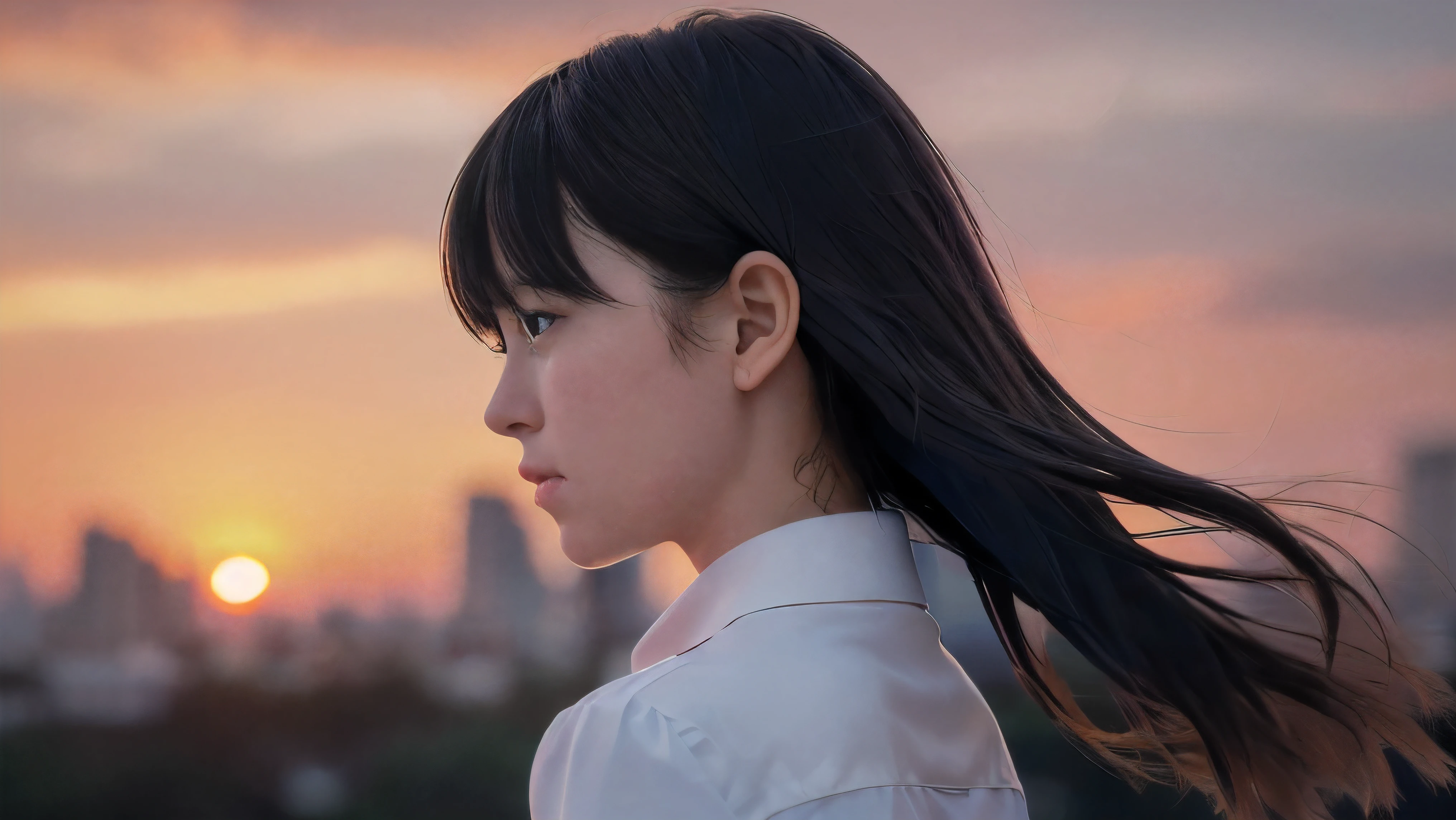 (Close up profile shot of one slender small two side up black medium hair bangs girl with crying face in long sleeves black school uniform:1.5)、(One girl is looking at sunset red sky with her face is reflected sunset light and her hair is blowing in long sleeves black school uniform:1.5)、(Beautiful red sunset sky at skyscraper city landscape:1.5)、(8k ultra detailed master piece:1.5)、(perfect anatomy:1.5)、(Photorealistic stick:1.5)、(Raw photo:1.3)、(highest quality:1.5)、(High resolution:1.3)、(Delicate and beautiful perfect face:1.3)、(Delicate and beautiful eye air skin:1.3)、(Real Human Skin:1.3)、((thin legs))