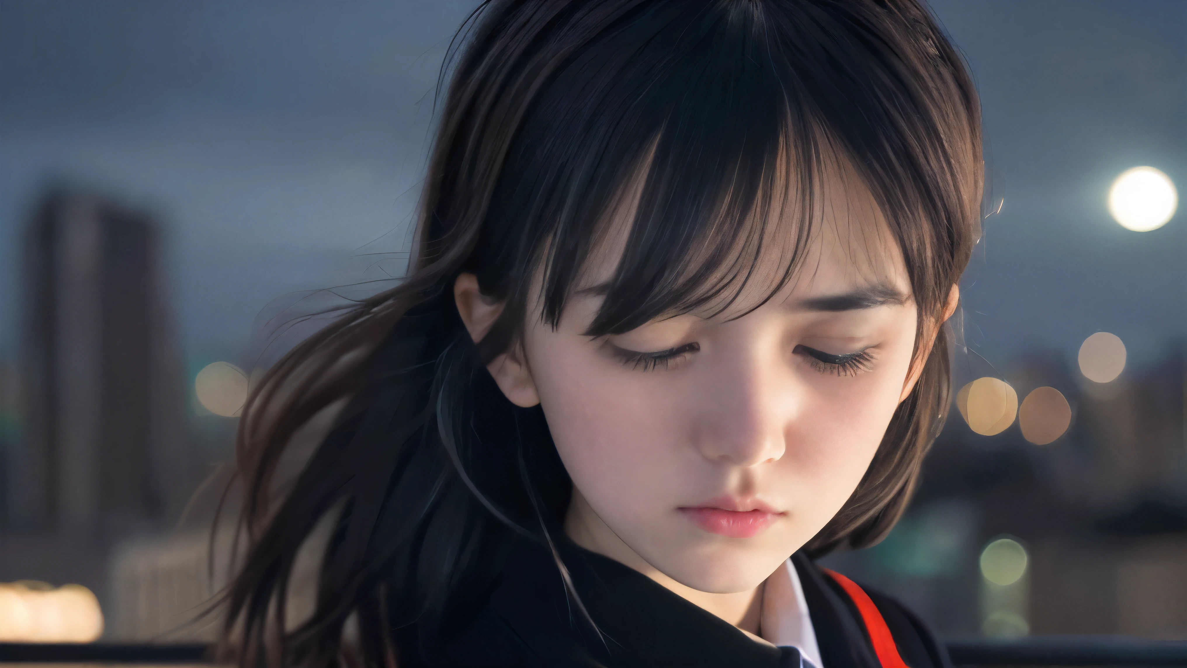 (Close up face shot of one slender small breasts two side up black medium hair bangs girl in long sleeves black school uniform:1.5)、(One girl is face down with crying face from the rooftop of the building and her hair is blowing by the winds at midnight:1.5)、(Big city landscape at midnight:1.5)、(8k ultra detailed master piece:1.5)、(perfect anatomy:1.5)、(Photorealistic stick:1.5)、(Raw photo:1.3)、(highest quality:1.5)、(High resolution:1.3)、(Delicate and beautiful perfect face:1.3)、(Delicate and beautiful eye air skin:1.3)、(Real Human Skin:1.3)、((thin legs))