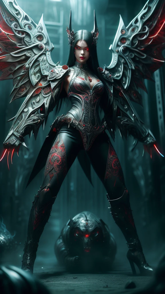 Cute Japanese woman, (), (Very cute face: 1.3), Red lips, white moist skin, mole, melancholy expression,
BREAK,
Female fitness model body, Hard toned feminine body, (Muscles: 1.2), (Beautiful navel),
BREAK,
Female superior ancient strigoi vampire, Horror, Angel wings, Black wings, Red jewelry, (Large wings: 1.4), Satan, Hellfire, Full body, Devil, Flame,
BREAK,
(Very large machine gun: 1.4), (Holding machine gun: 1.3), (Fighting: 1.2), (Taking a fighting stance), (Firing machine gun: 1.2),
BREAK,
(Japanese tattoo: 1.4),
BREAK,
Masterpiece, Perfect lighting, Ultra high resolution, 8K, (Very detailed: 1.4), (From the front), Looking at the camera,
BREAK,
(Large red and white radio tower: 1.2), (Large radio tower background: 1.2), (Neon lights: 1.2),
