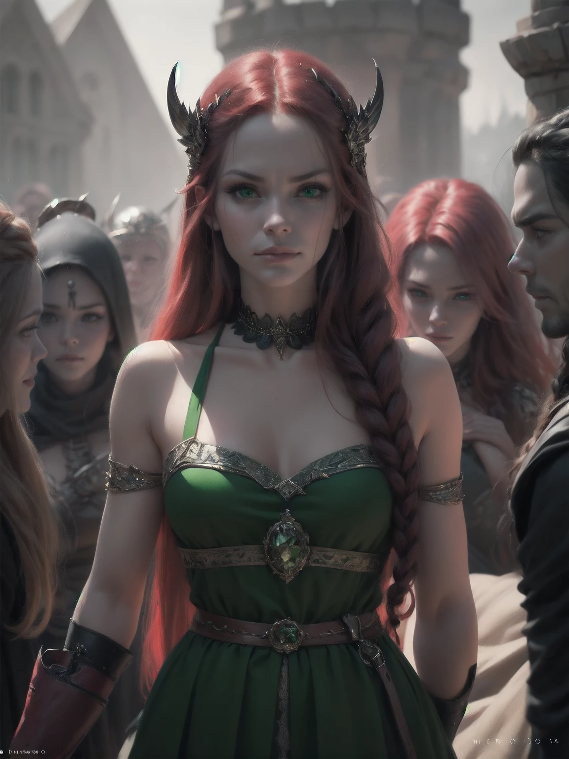 {-erro_de_anatomia:1.0} woman 30 years old, north,viking clothes, (nordic dress), dark castle, a woman (lagherta), very long red hair (red hair), (green eyes) . Indifferent look , merciless. among the gods, dinamic poses, egoist smile, upper body, angry face