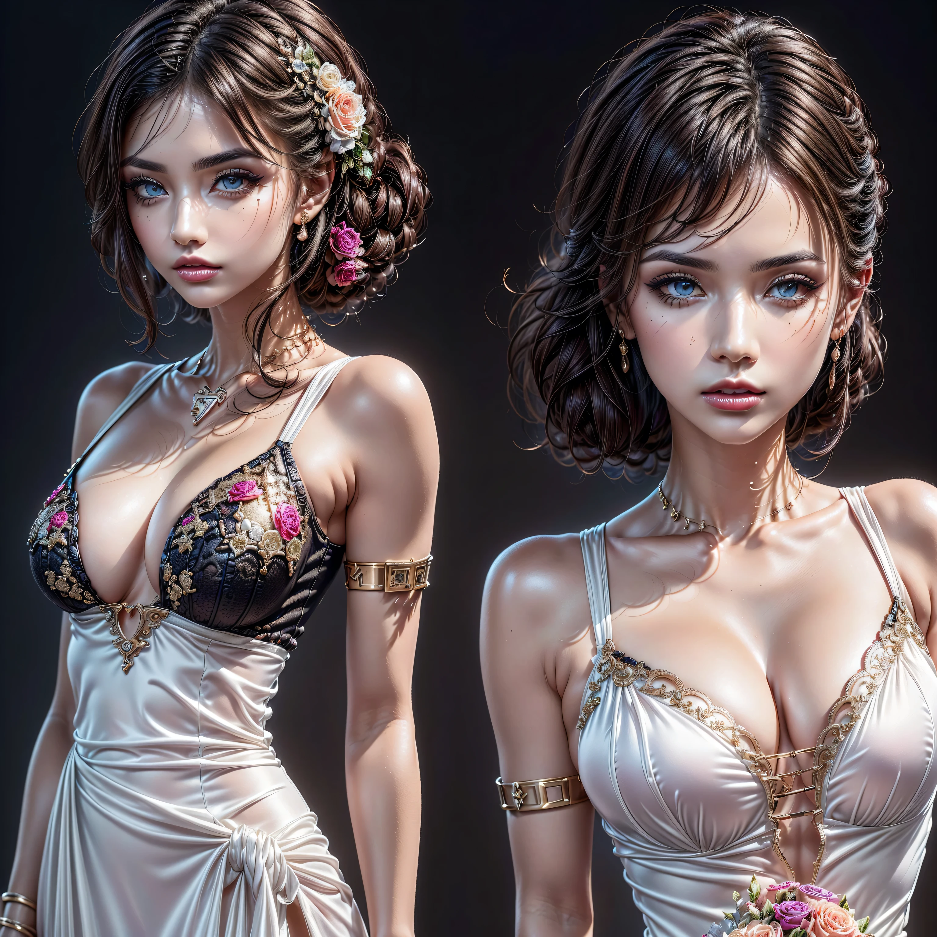 ((Ultra Detailed sharp-portrait:1.3)), Looking at the viewer, (Ultra realistic), ((photorealistic)), ((Sharp Focus)), ((highest resolution)), (the most absurd quality), (masterpiece), 32K, (Best Illustration), (Improvement of quality:1.4), (light pale complexion), (realistic proportional body, anatomically correct:1.3), ((small round head)),(high detailed realistic Super beautiful slim and sharp-face), (Create Detailed Design Sheet), (Front view, Side view, Diagonal view, show 1 women, on simple background), masterpiece, 最high quality, high quality, High resolution. Representative work, official art, Professional, 8k, firm big full breasts, Super beautiful face(realistic face), (Super beautiful eyes:1.3)(realistic eyes), (narrow waist:1.3),((small ass)), perfect thighs, slim belly:1.2, (slim muscled body), (she is the embodiment of beauty and allure, ((Dressed in a breath taking, silk Dolce&Gabbana Floral dress)), elegant and sophisticated fashion:1.3), floral couture, clothes made of silk and flower, (Character sheet, close-up, (+detailed item description, many parts, many parts (Ultra realistic, 最high quality, high quality, High resolution), ((+ zoom camera on the more models dresses), intricately detailed) and zoom clothing accessories), (bouquets of colorful flowers, decorative belts and ribbons, ((jewelry, bracelets, pendants, gemstones)), concept art, reference sheet, Proportions based on a scale of 7.5)