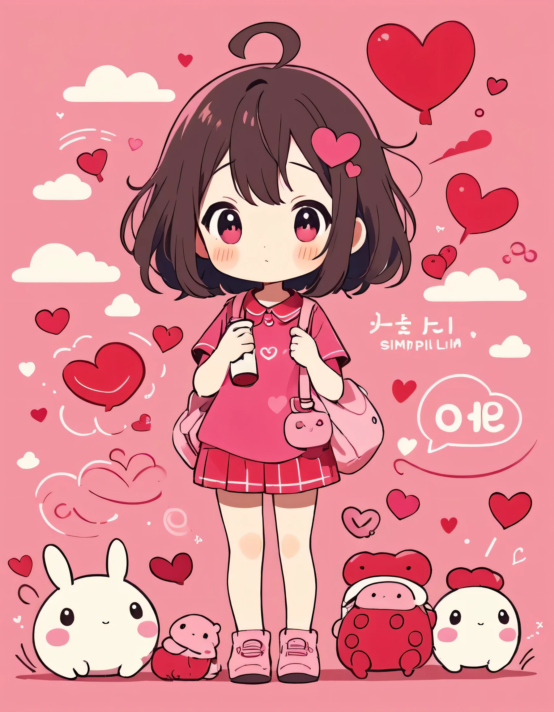 Makoto Shinkai pink and Red style, Simple Line Initialism,Abstract art,Kawaii Design, The most beautiful girl of all time、chibi, (((Cute pillbugs))), colorful hearts, summer version