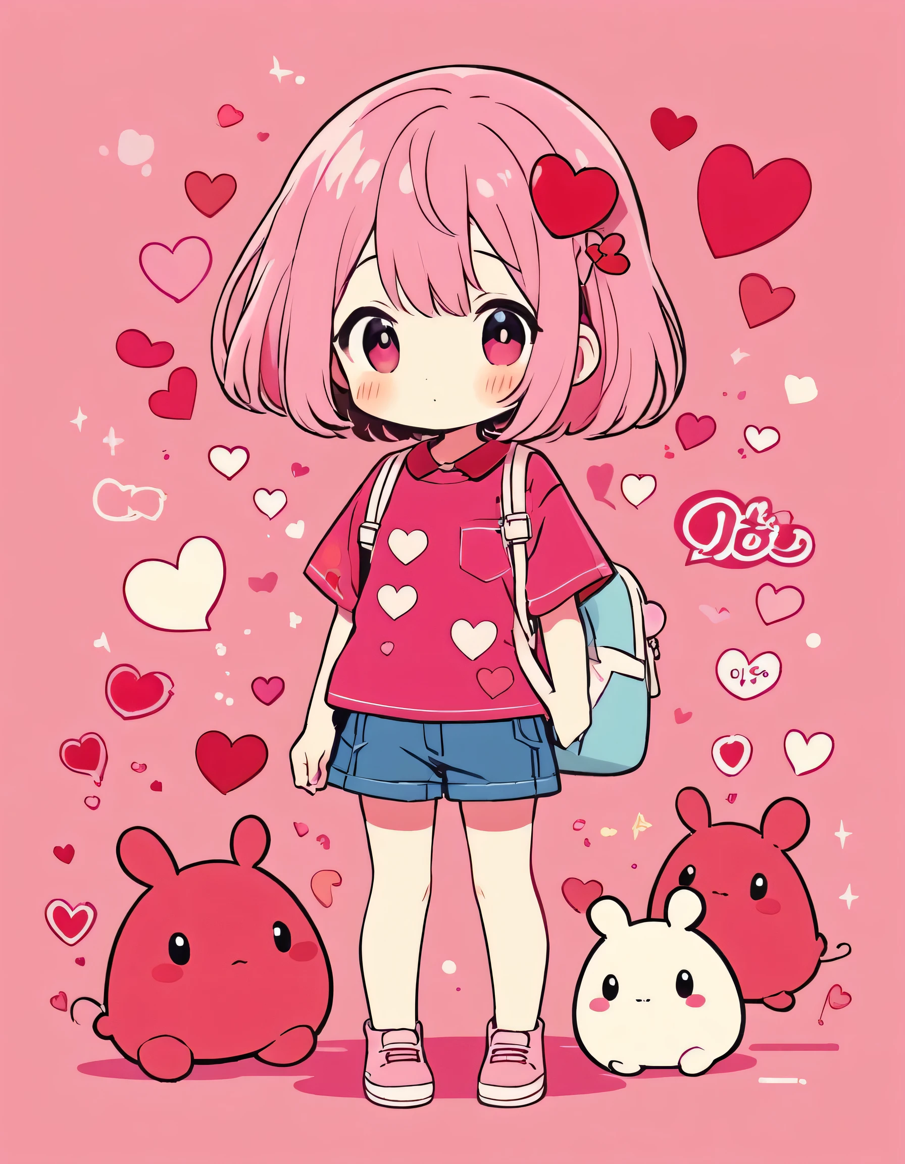 Makoto Shinkai pink and Red style, Simple Line Initialism,Abstract art,Kawaii Design, The most beautiful girl of all time、chibi, (((Cute pillbugs))), colorful hearts, summer version