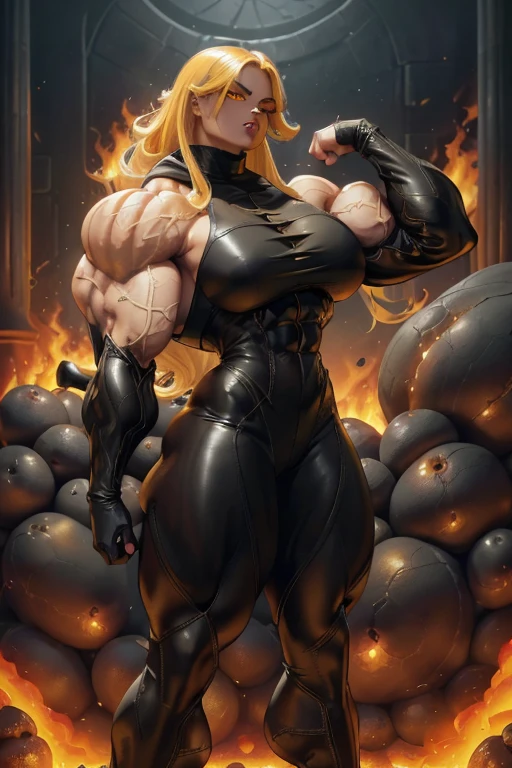 (Close view), yellow haired woman, long flowing hair, light brown skinned, evil smirk, (black lipstick), ((massive muscles)), (hyper muscle), ((ginormous bulky muscles)), ((glowing gray eyes)), (black leather turtleneck top), (black hooded cloak), ((black leather pants)), (in front of fire wall), (Hot and burning universe:1.3)