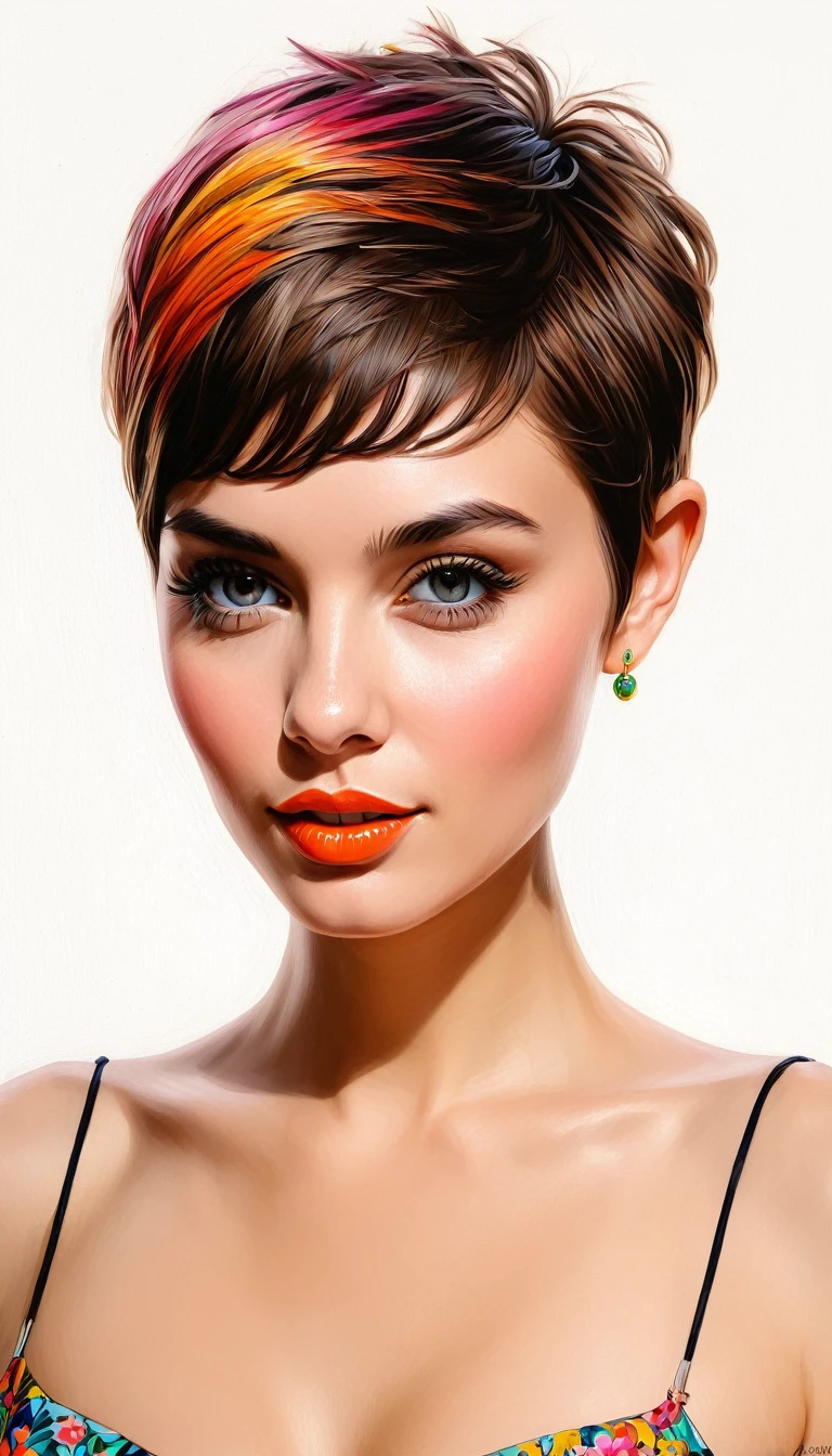 create a woman short hair pixie , flores, Masterpiece, estilo illustration de Ali Erturk, high detail, hyperrealistic, natural light,illustration , Bright colors
