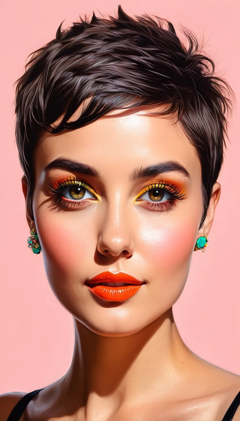 create a woman short hair pixie , flores, Masterpiece, estilo illustration de Ali Erturk, high detail, hyperrealistic, natural light,illustration , Bright colors