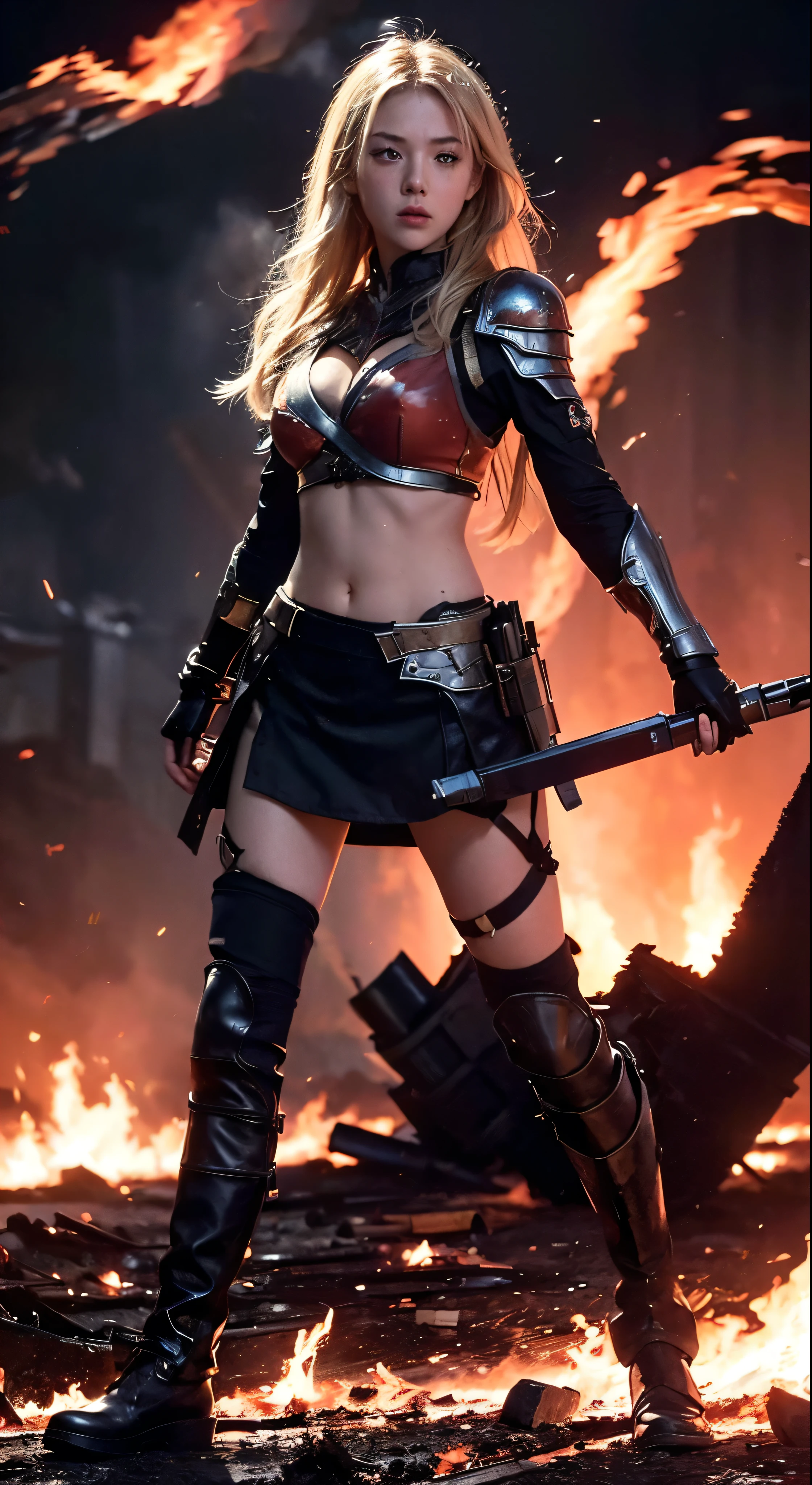 (masterpiece:1.5), (bestquality), (highlydetailed), (ultra-detailed), (1girl:1.2), (full body:1.2), (young girl), (blonde hair), (weapon in hand), (war battle scene), (bloody atmosphere), (smoke), (fire), (corpses), (chaotic background), (explosions), (torn clothing), (determined expression), (sweat and dirt), (injured), (dynamic pose), (broken armor), (burnt landscape), (fighting stance), (smoldering debris), (flames:1.3), (battle cries), (sounds of war:1.1)