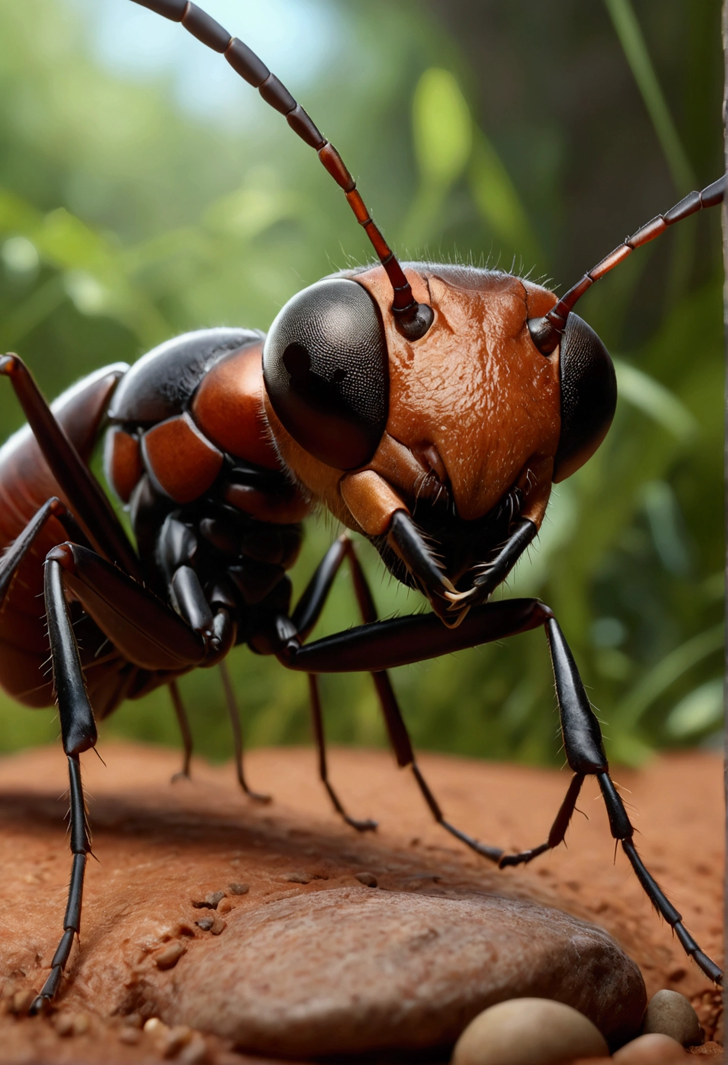 image, 8k, realistic, cinematography,"Describe a scene in which a giant ant with its entire body, close by, passes by João do Barro, with its beak open.