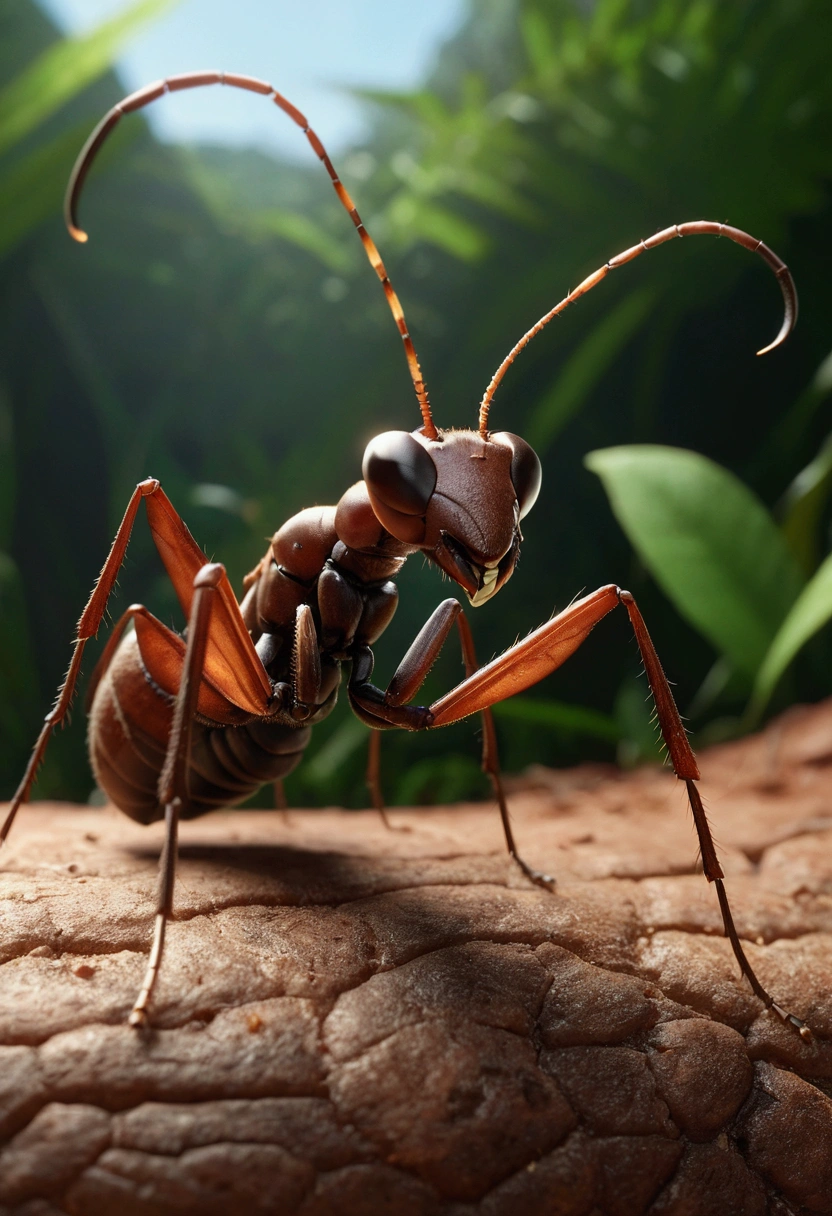 image, 8k, realistic, cinematography,"Describe a scene in which a giant ant with its entire body, close by, passes by João do Barro, with its beak open.