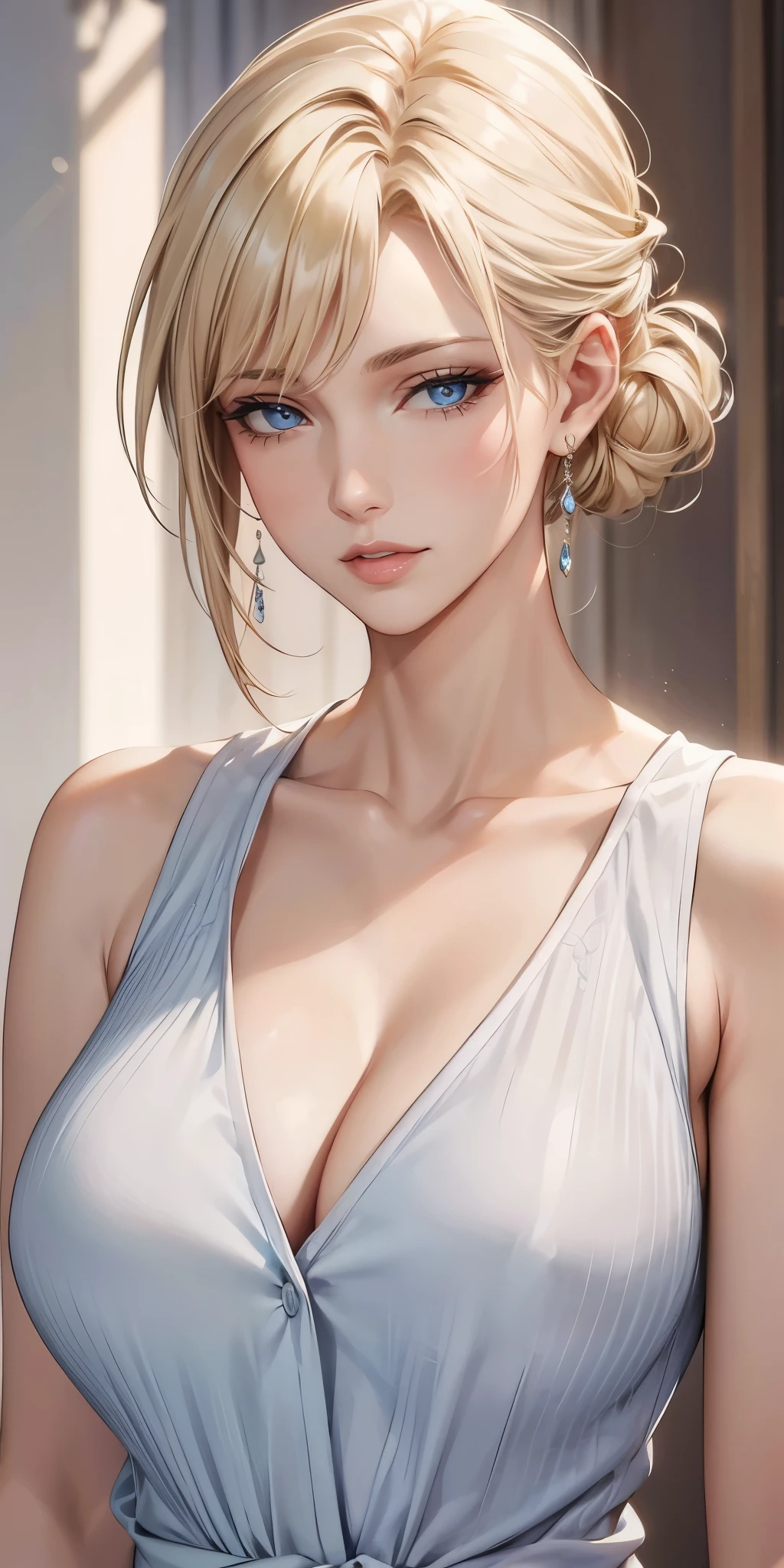 Elegant mature woman, milf, blue eyes, blonde hair, soft light, high detailed, 4k resolution, high quality
