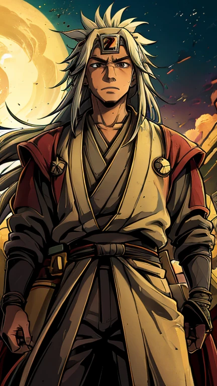 (Teens:1boy: Jiraiya,Star Wars), (extremely detailed CG unit 8k wallpaper),(master part), (best quality), (ultra detali), (best illustration),(melhor ombre), cowboy shot, (Sharp eyeliner, ombre, detailedeyes:1), Konoha Village background, ,break , (star15escola:1.2), hair ornament,long hair , silver hair,