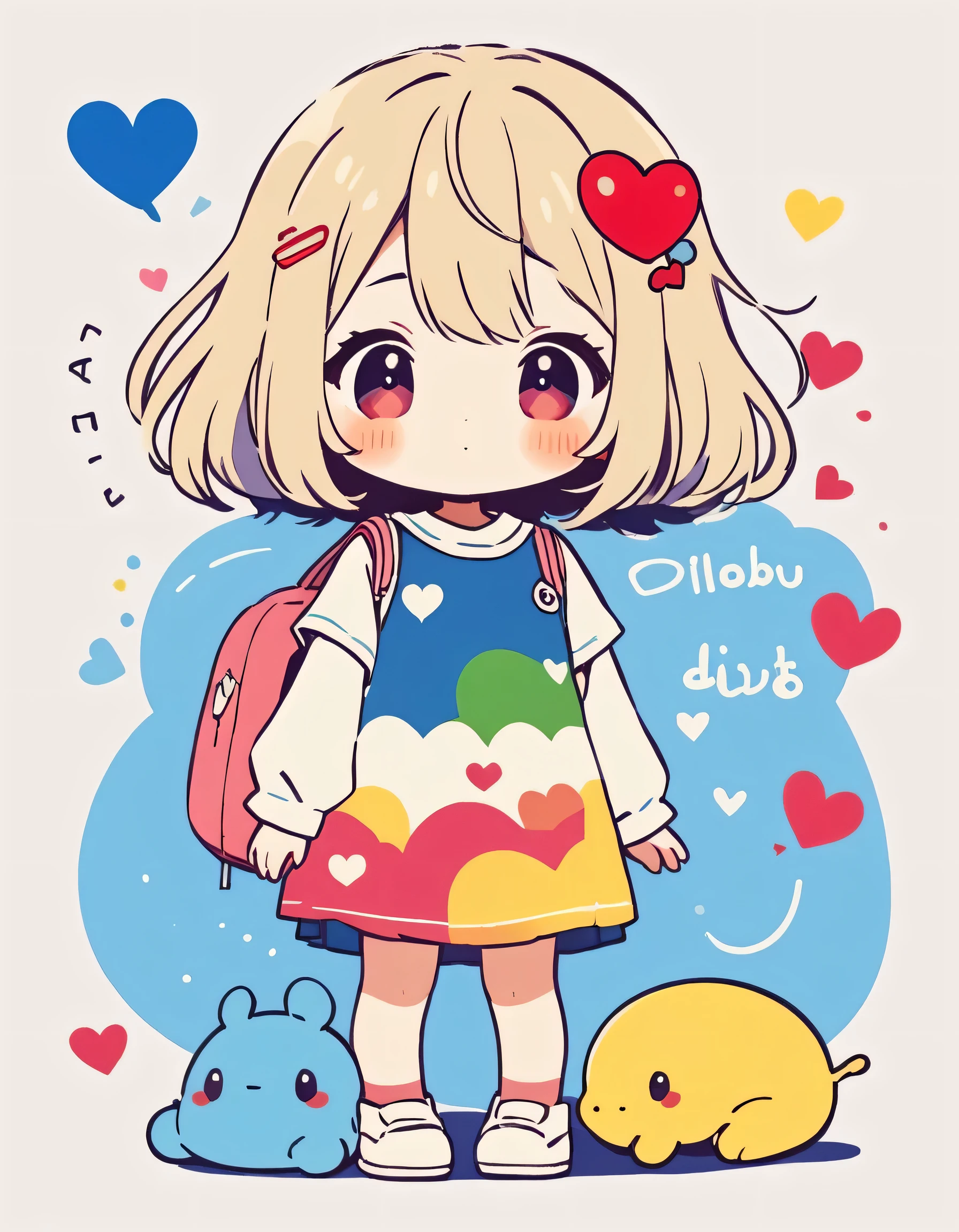 Makoto Shinkai colorful style, Simple Line Initialism,Abstract art,Kawaii Design, The most beautiful girl of all time、chibi, (((Cute pillbugs))), colorful hearts, summer version