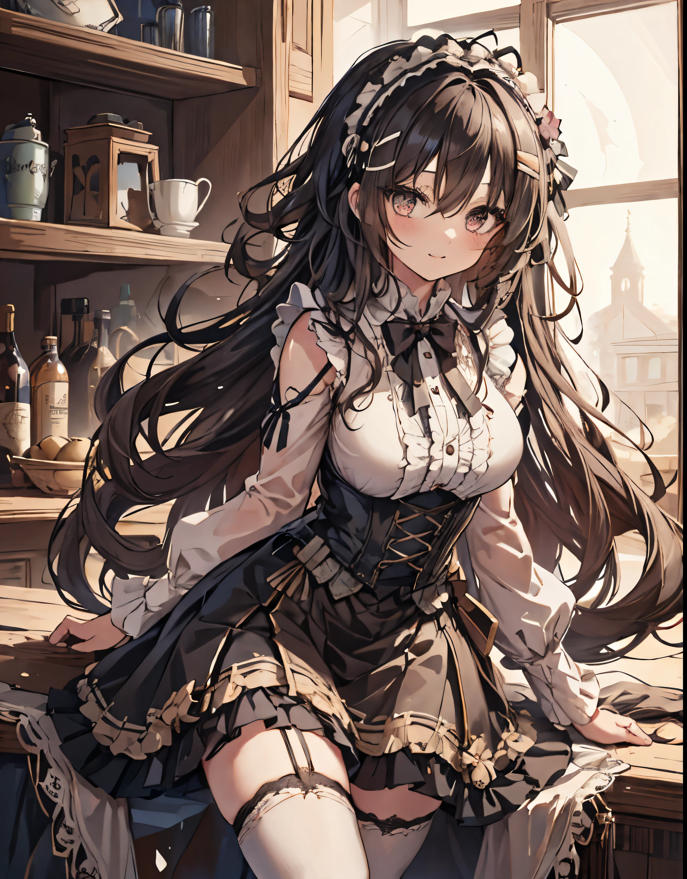 masterpiece, 1girl, sparrow, a black haired girl, wearing a victorian dress, curly long hair, messy hair, slim body, he close her left eye, shirt ornament, ruby eyes, ahoge, baby face, big breast, beautiful breasts, rounded breasts, long sleeves, beautiful eyes, white stocking, droopy eyes, her age is 19 years old, ricefield, bowtie, azusa_bluearchive, lovely face, medium hair, lovely smile, curly hair, gothic lolita, skirt, pleated skirt, maid headband