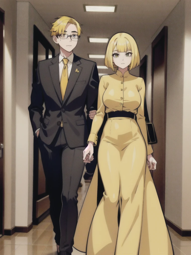 1 tall girl with yellow hair wearing elegant clothes and is a daughter of a businessman